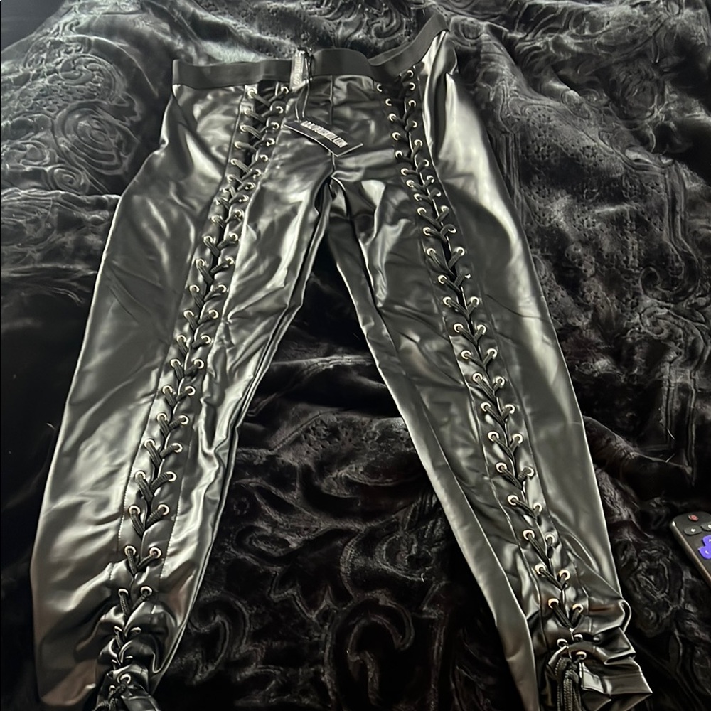Black Lace-Up Faux Leather Pants